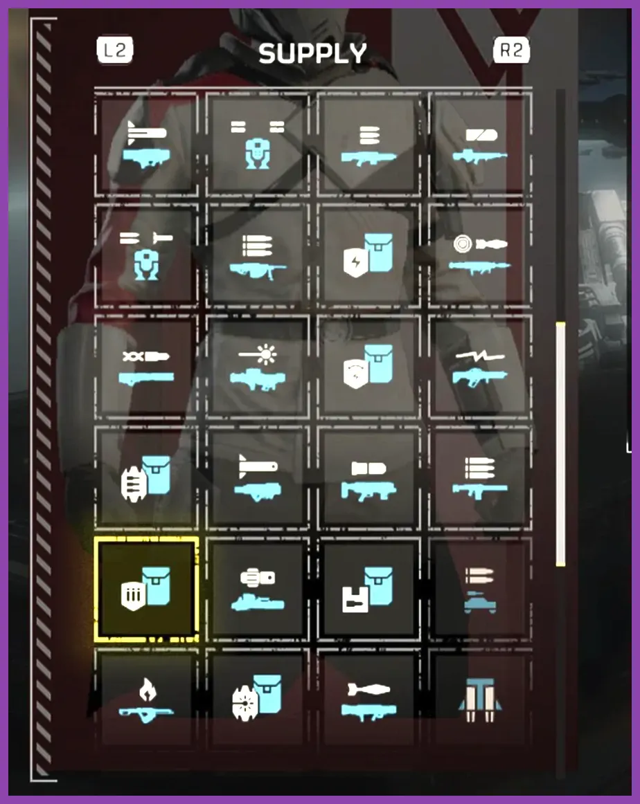 Helldivers 2 stratagem selection menu showing various military tools