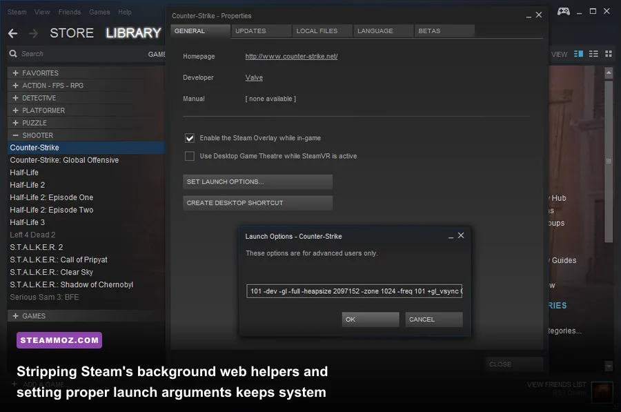 Steam client properties window configuring launch options and hardware acceleration tweaks