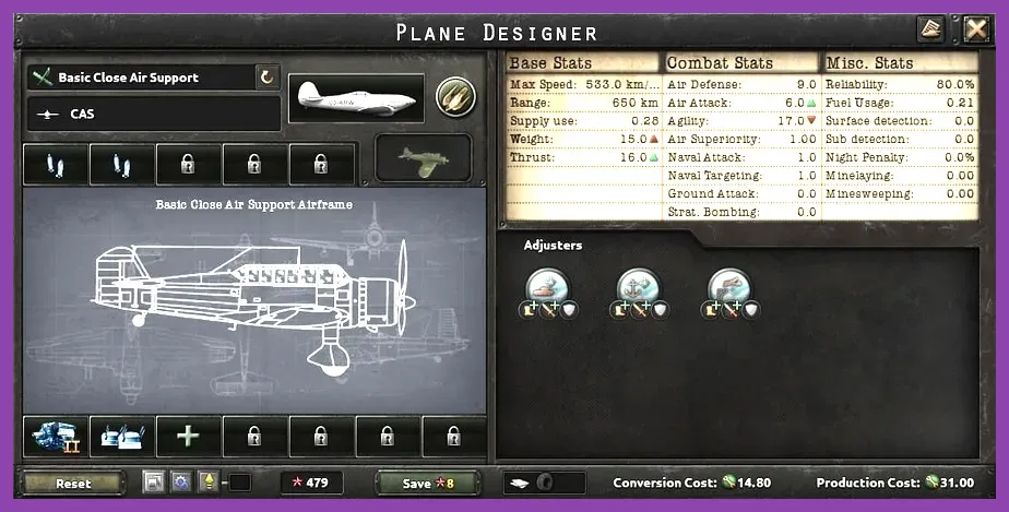 Hearts of Iron 4 plane designer interface showing close air support module