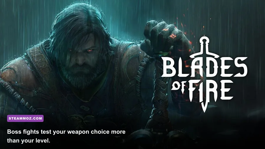Blades of Fire boss battle against a heavily armored enemy
