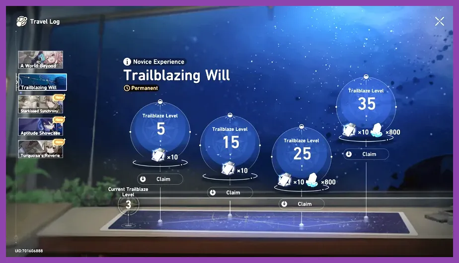 Honkai Star Rail travel log interface displaying limited-time event rewards