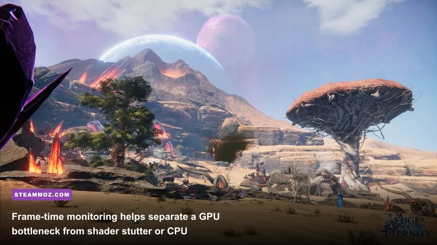 Edge Of Eternity PC gameplay with performance overlay showing GPU CPU and frame time data