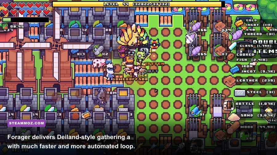 Forager gameplay showing an automated island base with furnaces, crops, mining resources, and buildings