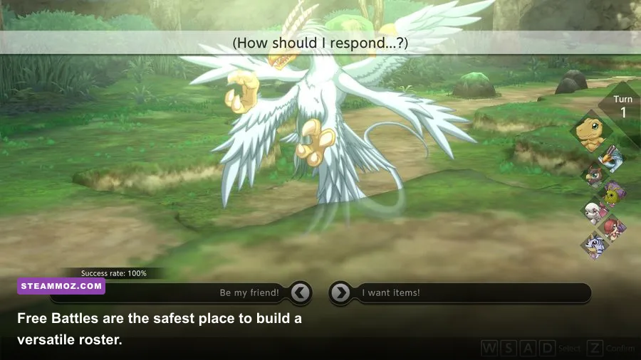 A Digimon recruitment conversation during Free Battle in Digimon Survive