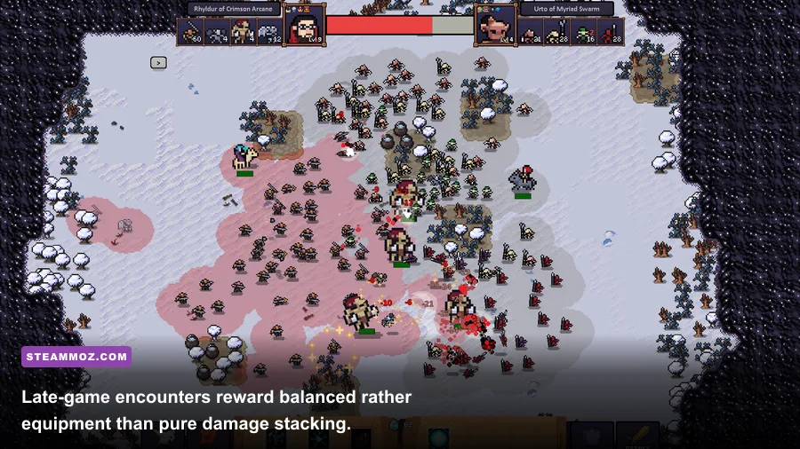 Hero's Hour Rogue Realms late-game hero fighting a boss army with upgraded artifacts