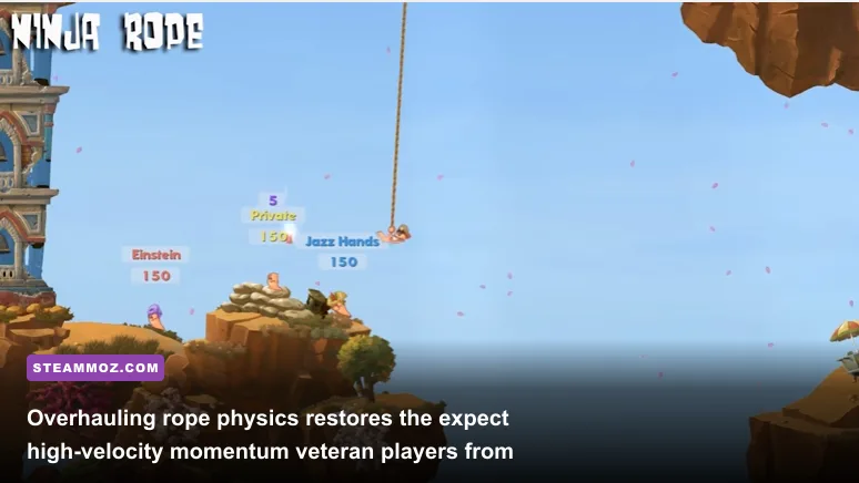 A worm swinging across the map using the Ninja Rope in Worms Reloaded