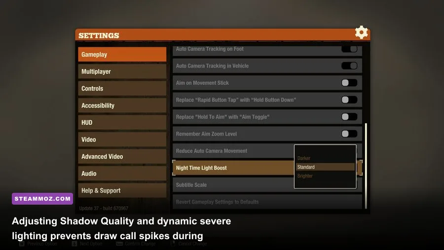 In-game video settings menu showing shadow and lighting adjustments in State of Decay