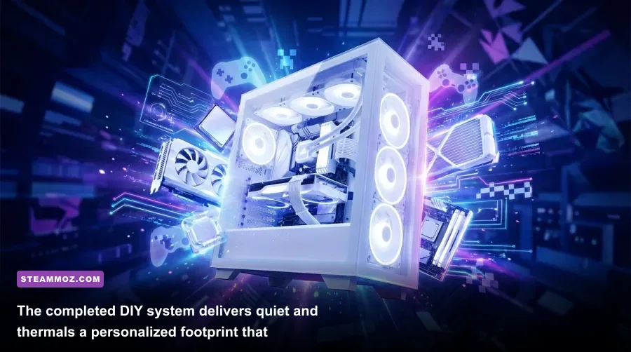 Finished clean white gaming PC build illuminated by soft ambient internal lighting next to a monitor