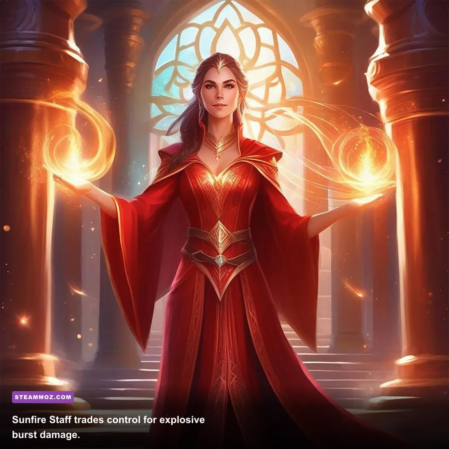 ELF Sunfire Staff creating a fire burst during a dungeon battle