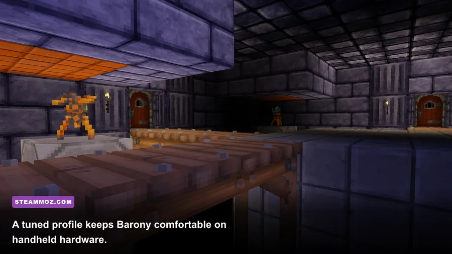 Barony running on Steam Deck during first-person dungeon gameplay
