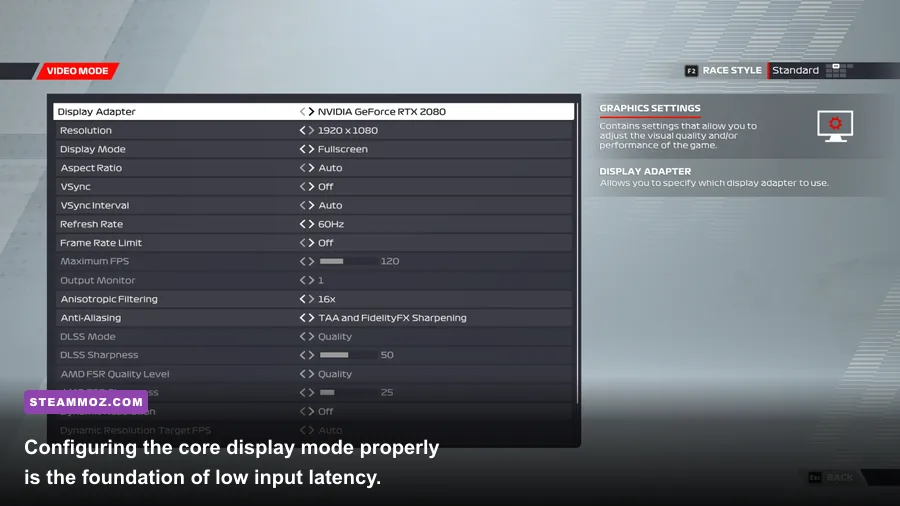 F1 22 video mode and graphics settings menu on PC