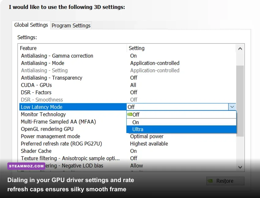 GPU driver control panel menu configured for variable refresh rate and low latency mode