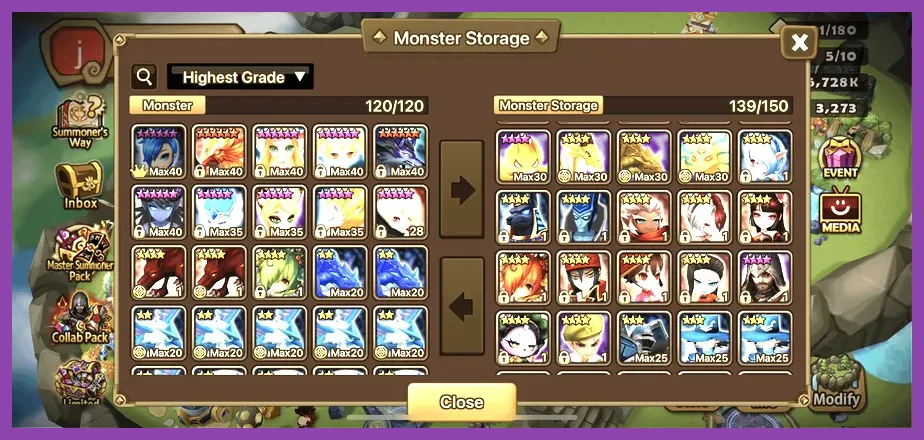 Summoners War monster collection interface