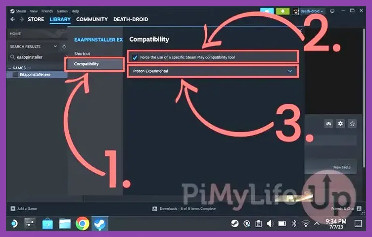 Steam Deck desktop mode showing Proton compatibility options for an anime game