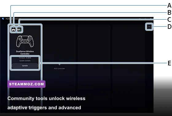 PlayStation DualSense controller plugged into a gaming PC rig running custom haptic profiles