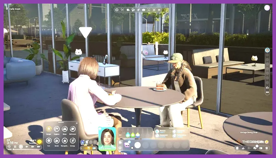 InZOI characters eating and socializing together at a cafe