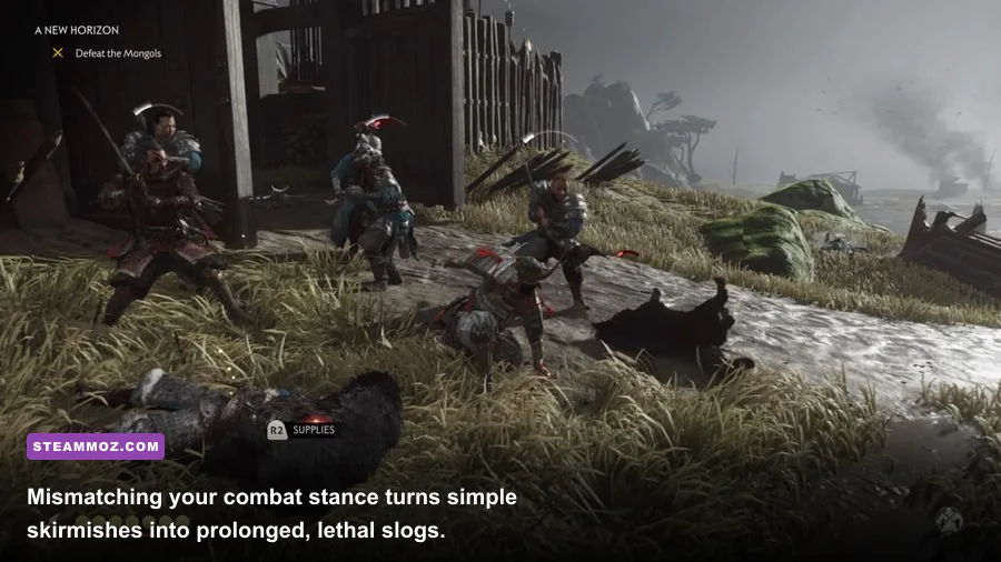 Jin Sakai engaging Mongol soldiers using different combat stances
