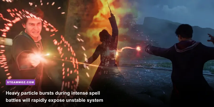 Player casting glowing red Confringo spells during intense battle in Hogwarts Legacy