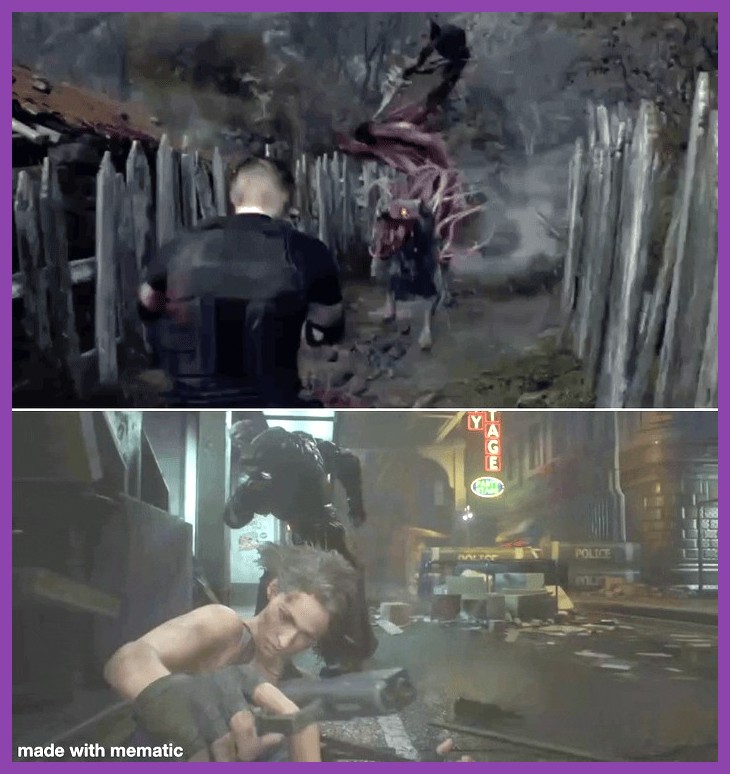 Leon failing a parry and taking damage from an enemy attack