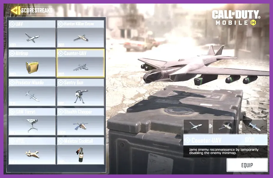 Scorestreak selection menu in Call of Duty Mobile highlighting support streaks