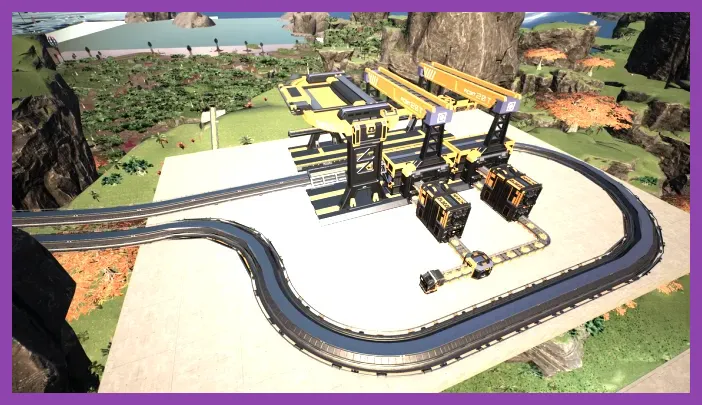 Satisfactory train station and railway network linking a solo factory