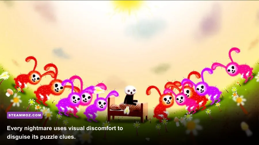 Happy Game flower-themed nightmare with surreal creatures and environmental puzzles