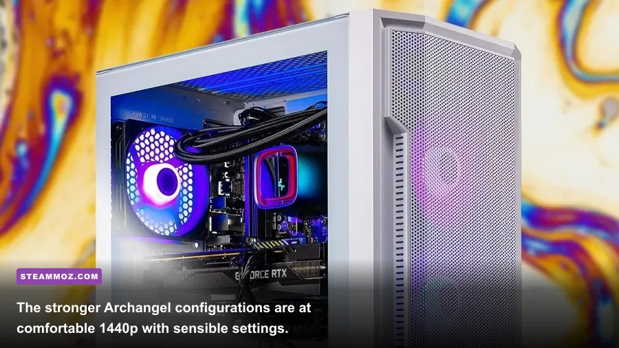 Skytech Archangel gaming PC connected to a 1440p gaming monitor