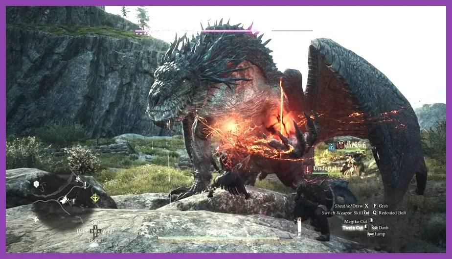 Arisen fighting a fire-breathing Drake in Dragon's Dogma 2 to farm Wyrmslife Crystals