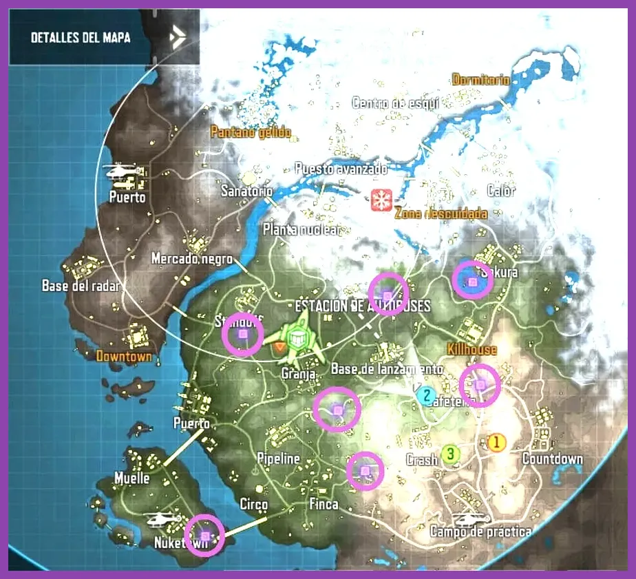 Call of Duty Mobile Battle Royale map showing high-tier loot landing zones