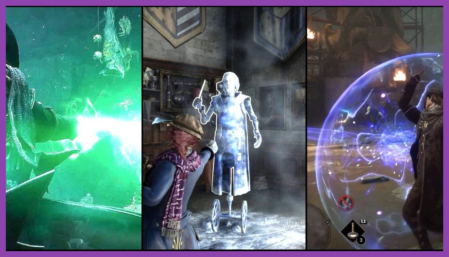 Player character casting dynamic spell combos during open world combat in Hogwarts Legacy