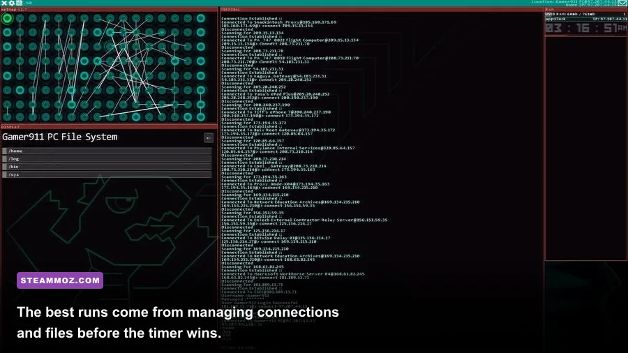 Hacknet connection manager and file system tools shown during a mission