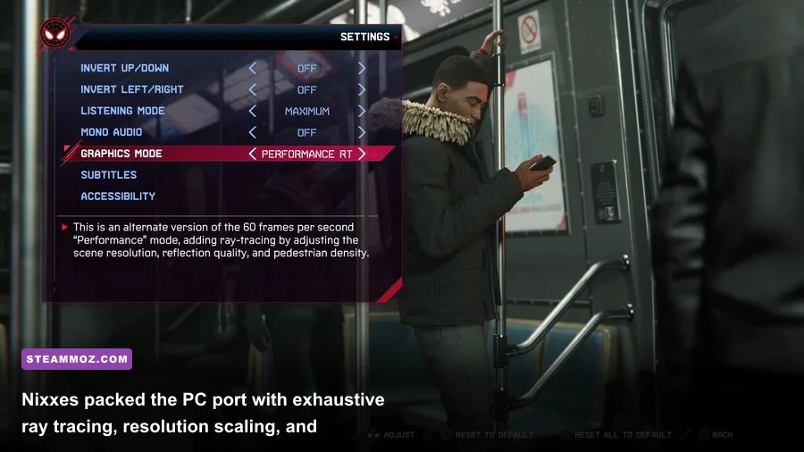 In-game PC graphics menu showing ray tracing and upscaling options in Spider-Man Miles Morales
