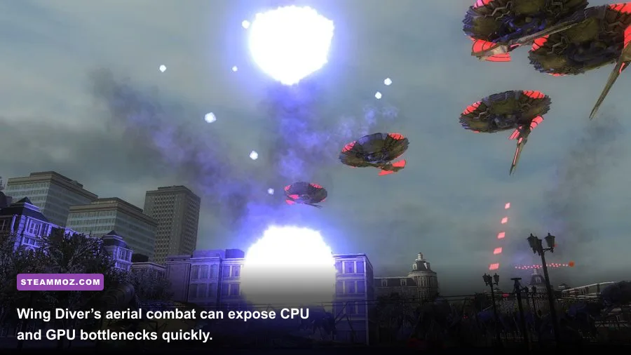 Earth Defense Force 5 Wing Diver flying above a city while firing energy weapons