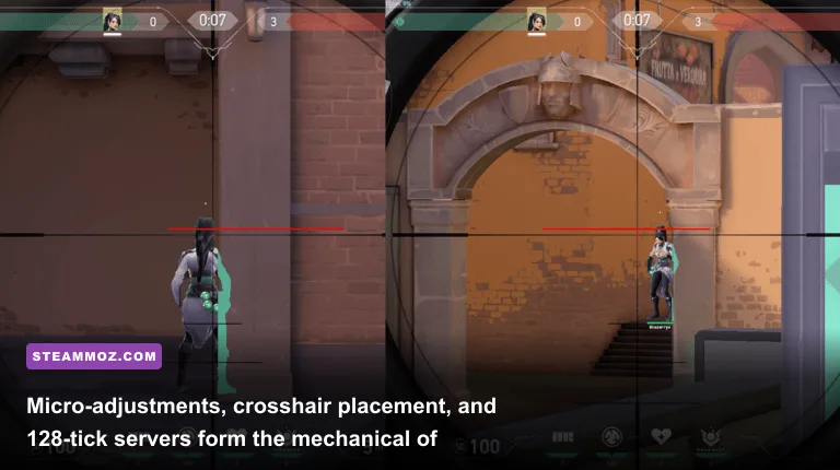 First-person perspective holding an angle with the Vandal rifle on Bind in Valorant