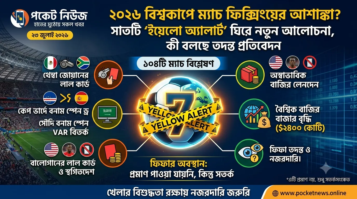 ২০২৬ বিশ্বকাপে ম্যাচ ফিক্সিংয়ের আশঙ্কা? সাতটি ‘ইয়েলো অ্যালার্ট’ ঘিরে নতুন আলোচনা, কী বলছে তদন্ত প্রতিবেদন ২০২৬ বিশ্বকাপে ম্যাচ ফিক্সিংয়ের আশঙ্কা? সাতটি ‘ইয়েলো অ্যালার্ট’ ঘিরে নতুন আলোচনা, কী বলছে তদন্ত প্রতিবেদন