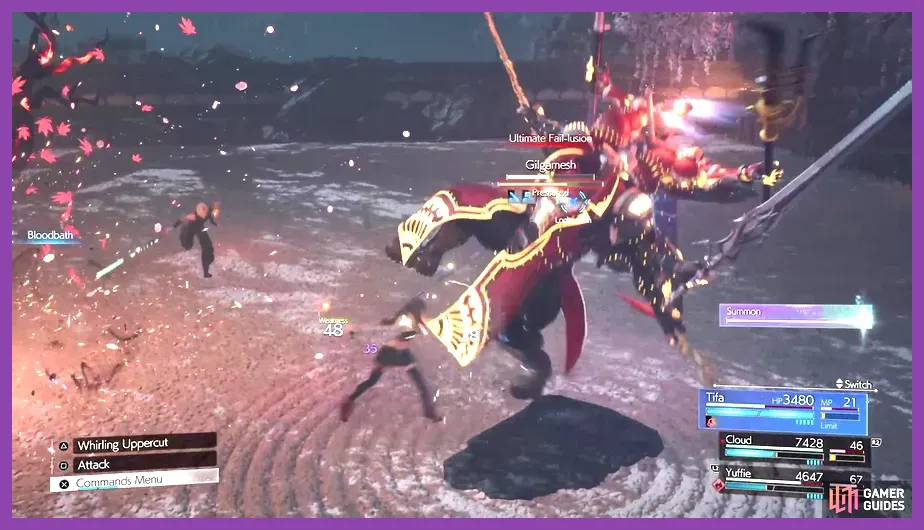 Cloud and party fighting Gilgamesh on Gilgamesh Island in FF7 Rebirth