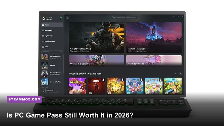 PC Game Pass library displayed on a gaming PC monitor in 2026