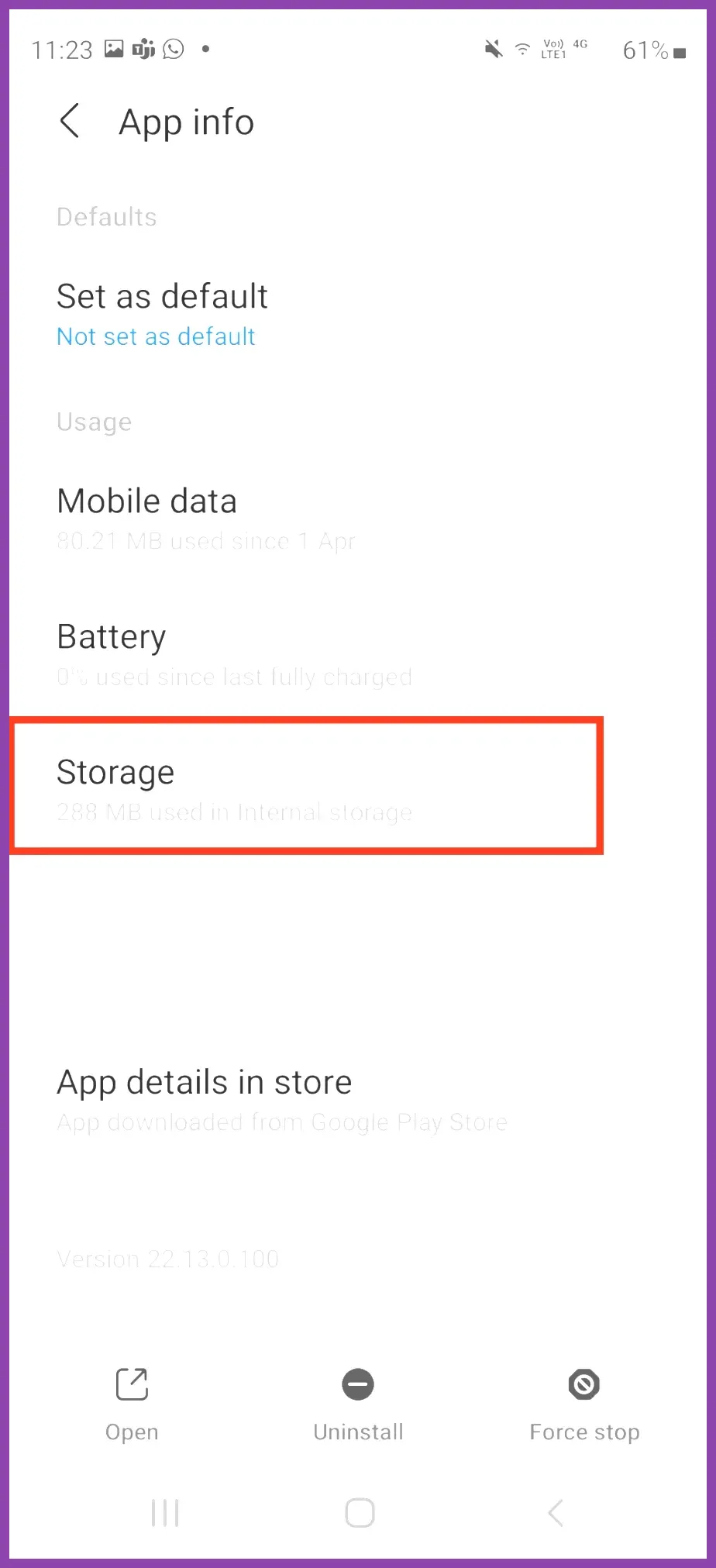 Android system settings showing app storage and cache data