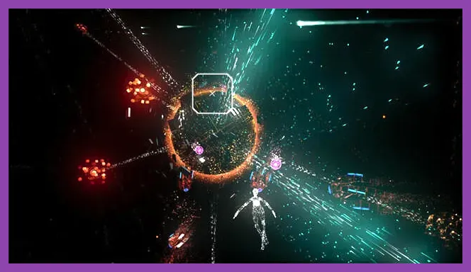 Rez Infinite VR cockpit view with enemies surrounding the player