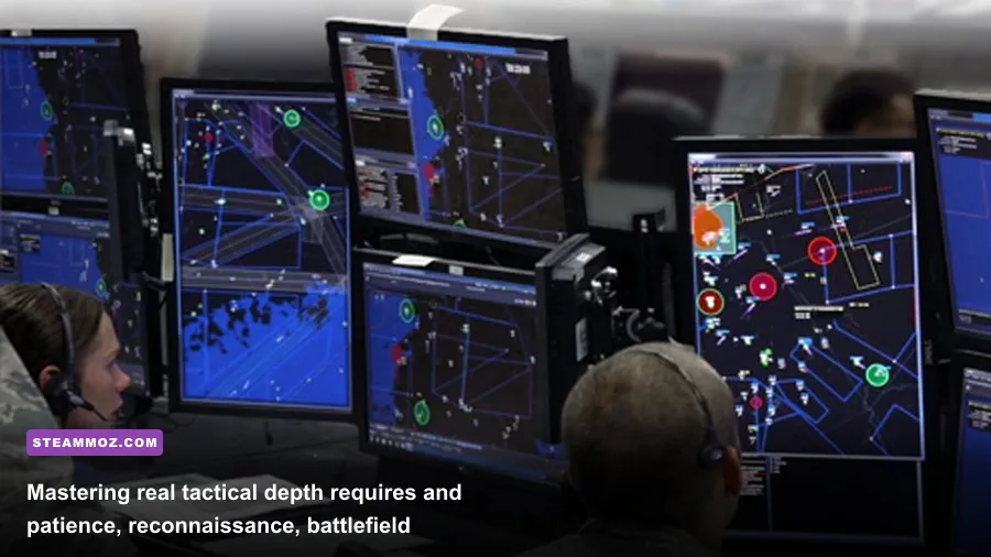 PC strategy gaming command center running detailed military simulation