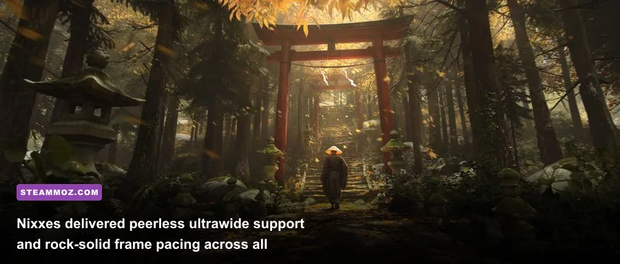 Ghost of Tsushima PC 32 to 9 ultrawide screenshot showing the Golden Temple forest