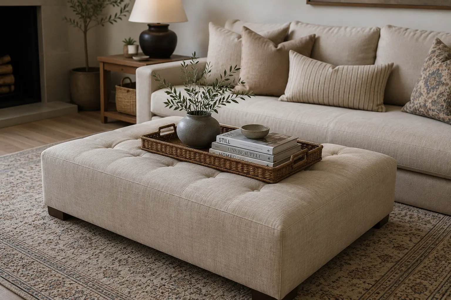 Upholstered linen ottoman used as a coffee table in front of a beige sofa