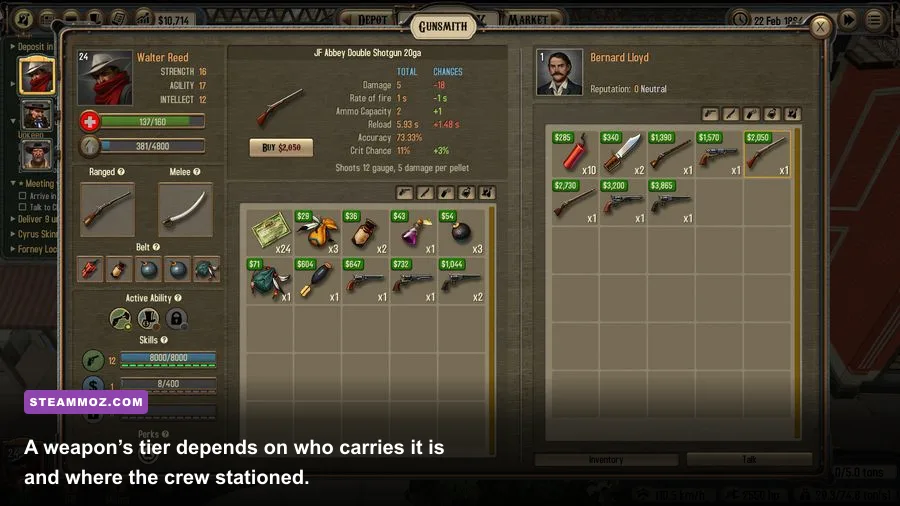 Bounty Train crew equipment and inventory screen showing weapons and supplies