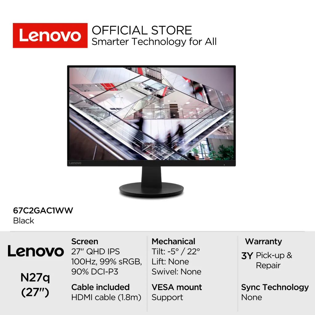 Lenovo Monitor N27q 27" QHD IPS 99% sRGB 90% DCI-P3 100Hz 300nits Antiglare NearEdgeless HDMI Tilt VESA Mount Low Blue Light N27 27inch Garansi Resmi 3 Tahun Original 67C2GAC1WW Black
