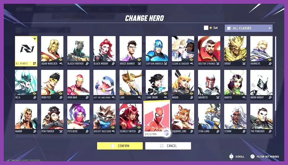 Hero roster screen showing all available characters