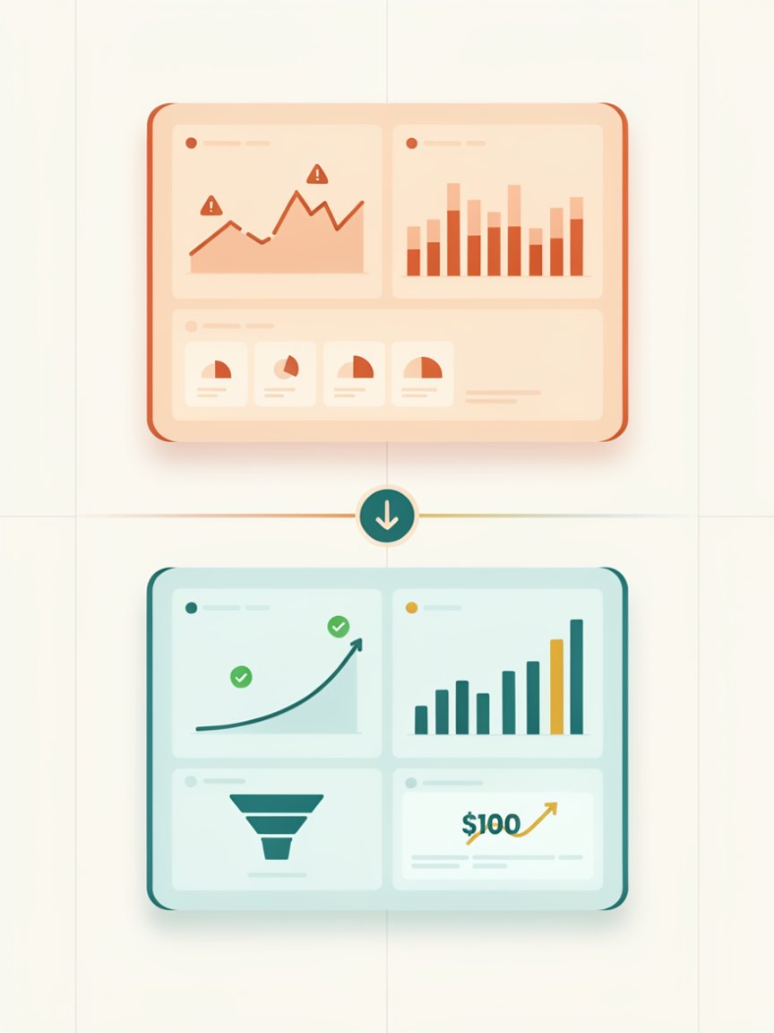 Before and after analytics dashboard showing corrected tracking data