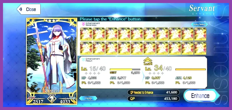 Fate Grand Order Servant enhancement and ascension menu