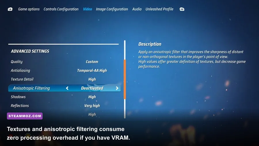 In-game graphics menu displaying texture quality and 16x anisotropic filtering