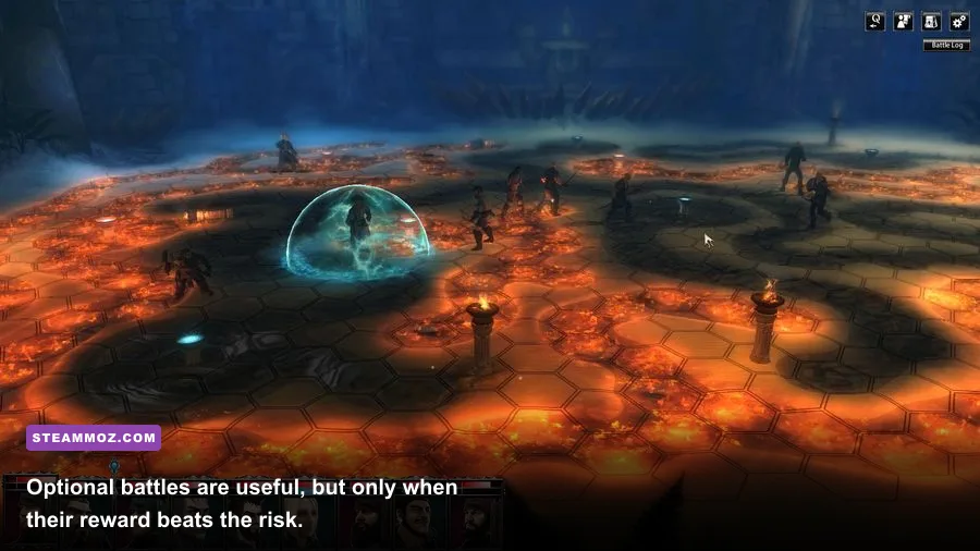 Blackguards arena combat with party members positioned around hazards