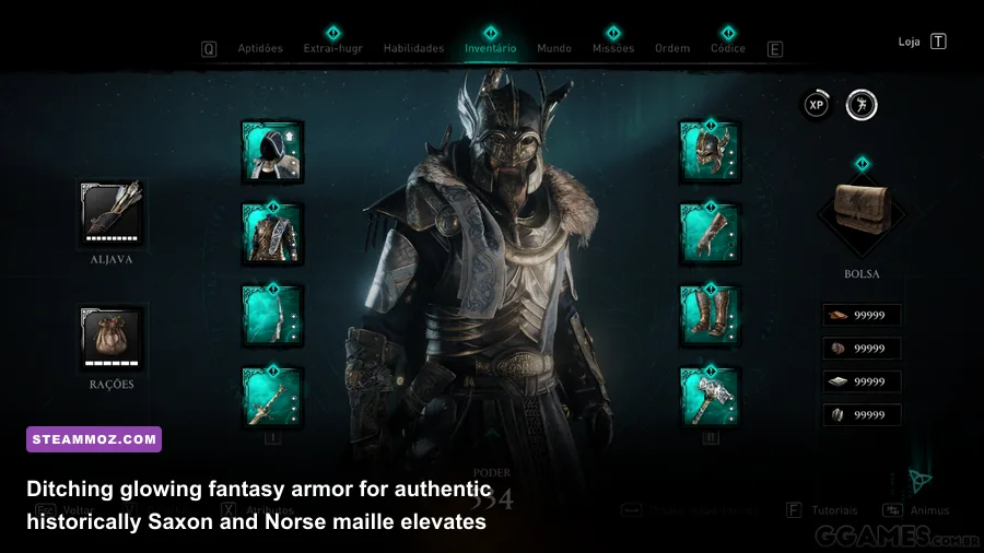 Eivor wearing historical Norse warrior armor modified through the inventory editor